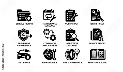 Automotive maintenance icons: service, repair, checklist, tire, inspection