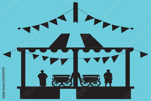 Vintage carnival booth with silhouetted figures and festive bunting