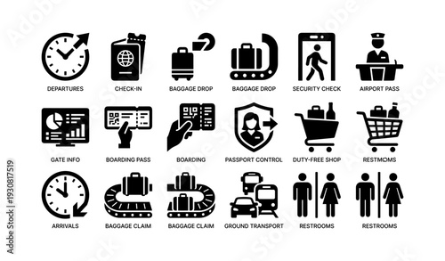 Airport symbols: departures, check-in, security, boarding, passport control, arrivals