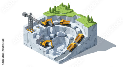 Isometric view of an open-pit mine with heavy machinery and a crane.