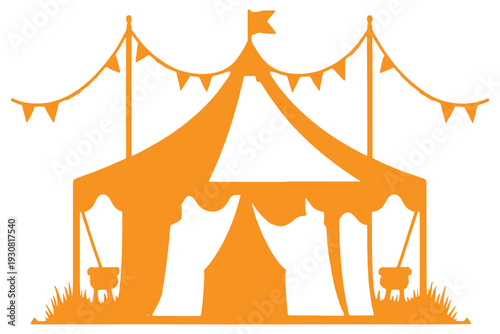 Vintage carnival booth with silhouetted figures and festive bunting