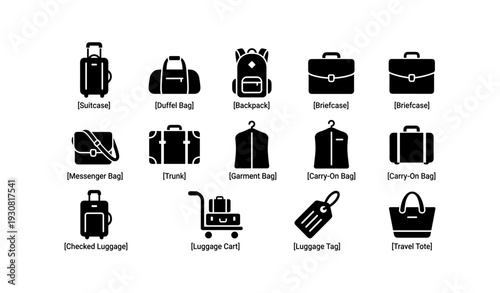 Luggage and travel bag icons: suitcase, backpack, briefcase, messenger, garment, cart, tag, tote