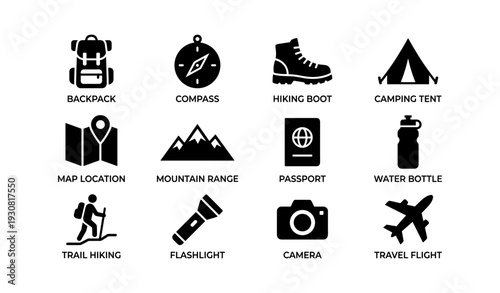 Adventure equipment icons: backpack, compass, hiking boot, camping tent, travel essentials