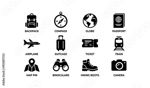 Travel icons collection: backpack, globe, airplane, suitcase, passport, compass