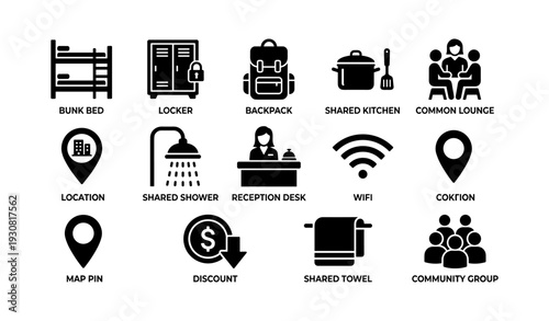Hostel amenities icons: bunk bed, locker, backpack, kitchen, lounge, location, shower, reception, wifi
