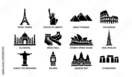 Iconic landmarks silhouettes: eiffel tower, statue of liberty, taj mahal, big ben, colosseum