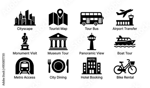 Tourist services icons including transportation and dining options