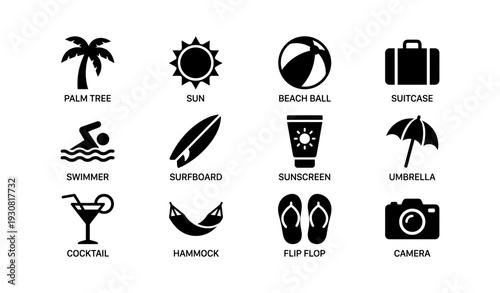 Black icons of beach vacation items including palm tree sun beach ball and more