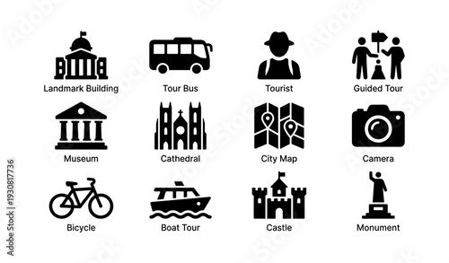 Tourist activities icons: landmarks, transportation, and sightseeing illustrations