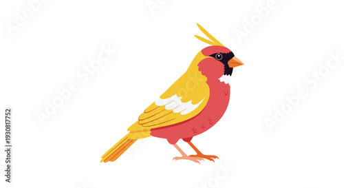 A stylized cartoon of a vibrant red and yellow bird with a distinctive crest and black face on a plain white background