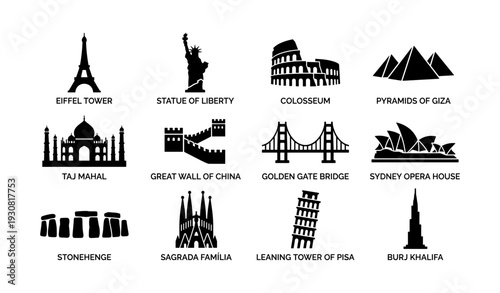 Icon collection of global landmarks: eiffel tower, statue of liberty, colosseum, pyramids