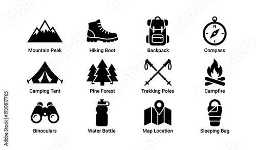 Camping icons: outdoor adventure essentials including tent, compass, backpack, campfire