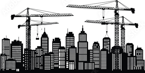 Urban construction skyline silhouette with tower cranes, modern city buildings, infrastructure development, real estate growth, engineering industry n 