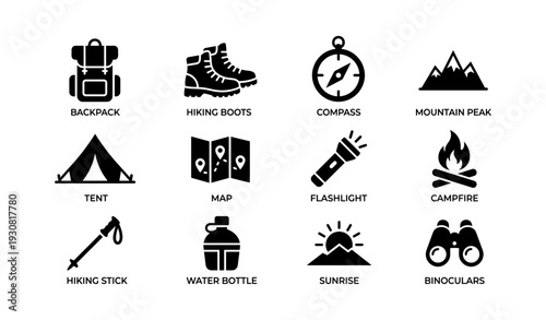 Essential outdoor adventure icons: backpack, hiking boots, compass, mountain peak