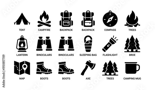 Camping gear icons: tent, campfire, backpack, compass, trees, lantern, binoculars, sleeping bag, flashlight, map, boots, axe, mug
