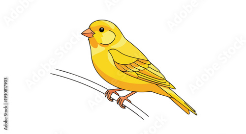 A cheerful, vibrant yellow canary perched elegantly on a delicate wire, its bright plumage a sunny delight against a clean white backdrop, embodying