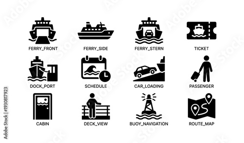 Maritime transport icons: ferry, ticket, dock, schedule, navigation