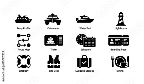 Nautical icons: ferry, catamaran, water taxi, route map, boarding pass, lighthouse