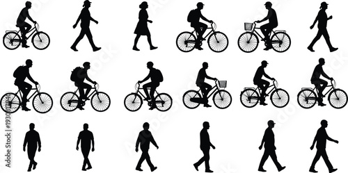 Collection of black silhouettes showing people walking and riding bicycles, including men and women commuters in various active outdoor poses.