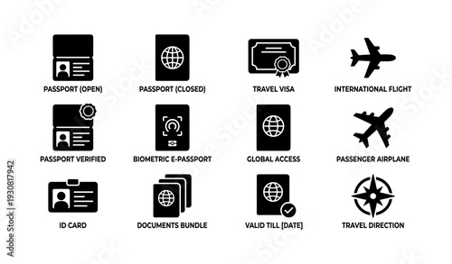 Travel icons: passport, visa, flight, id, biometric, compass, airplane, global access