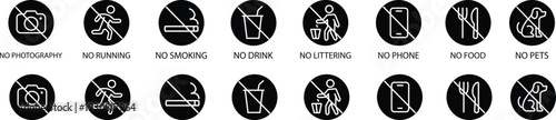 Restriction icons set no photography, no running, no smoking, no drink, no littering, no phone, no food, no pets vector signs for public places, safety symbol collection group