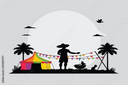 Vintage carnival booth with silhouetted figures and festive bunting