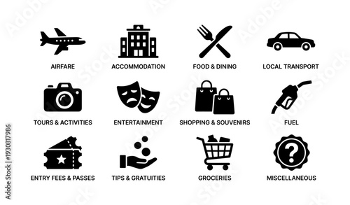 Travel budget icons: airfare, dining, transport, and more essentials illustrated