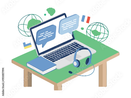 Online Learning Illustration with Laptop, Headset, and Book on Green Desk
