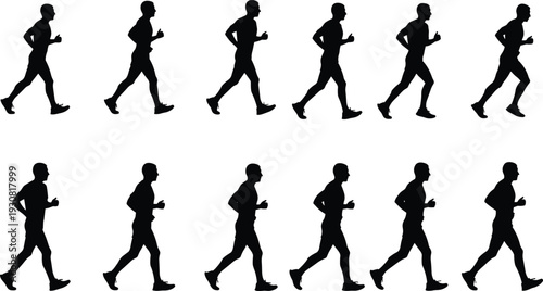Black silhouette of a male runner in various motion sequence steps, man jogging in different stages of running gait cycle.