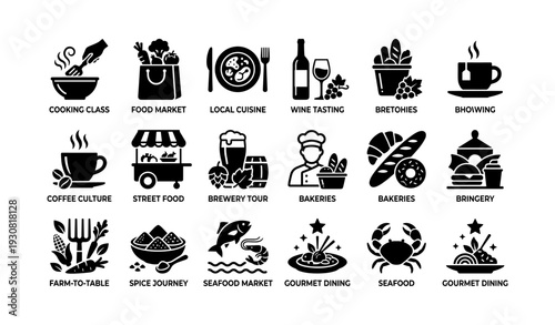 Icon set of culinary themes: cooking, wine, street food, seafood, and gourmet dining