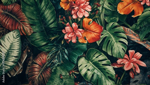 Colorful Flowers and Green Leaves Create a Vibrant Nature Scene in a Tropical...
