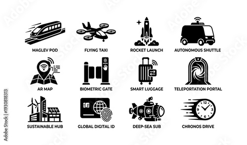 Futuristic transport and technology icons: maglev, drone, rocket, shuttle, portal