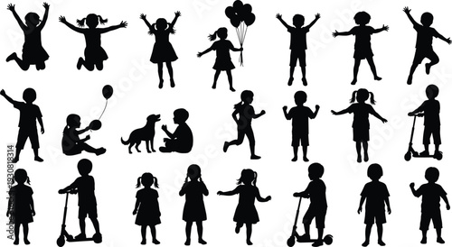 Set of silhouette children playing jumping and riding scooters, group of kids with balloons and pets isolated icons for design