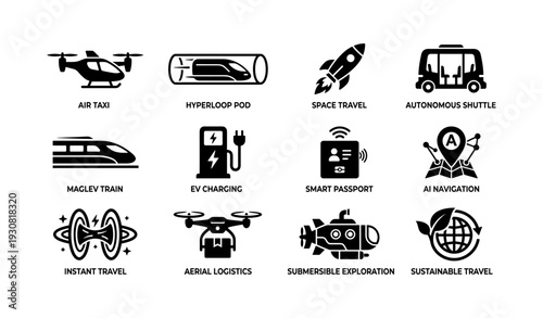 Futuristic transportation icons: air taxi, hyperloop, space travel, autonomous shuttle, maglev train