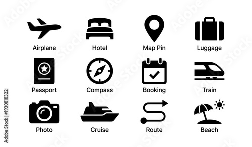 Travel icons collection: airplane, hotel, passport, train, cruise