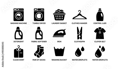 Laundry icons collection: washing machine, tumble dryer, detergent, clothes hanger, iron
