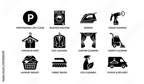 Professional laundry and cleaning icons: dry clean, washing, ironing, steam, suit, curtain