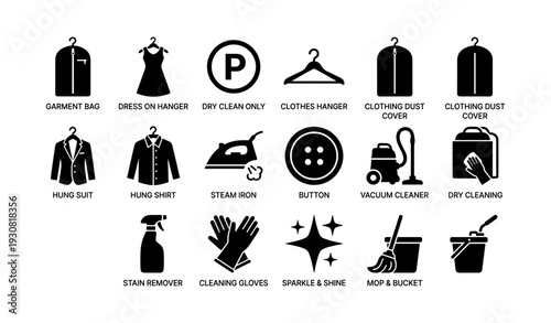 Laundry and cleaning icons: garment care, dry cleaning, and housekeeping symbols