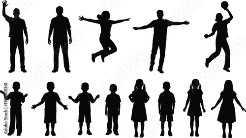 Set of silhouette people and children standing and jumping in various poses, diverse group of adults and kids isolated icons