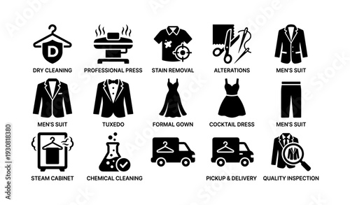 Laundry service icons: dry cleaning, stain removal, alterations, tuxedo, formal gown