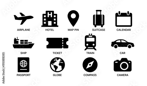 Travel icons set: airplane, hotel, map pin, suitcase, calendar, ship, ticket, train, car, passport, globe, compass, camera