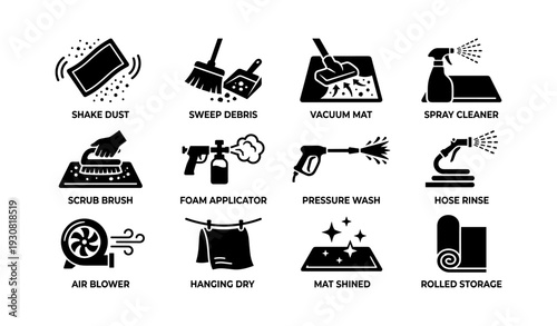 Cleaning tools and methods: dusting, sweeping, vacuum, spraying, scrubbing icons
