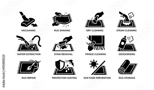 Comprehensive carpet care icons: vacuuming, rug shaking, dry cleaning, stain removal