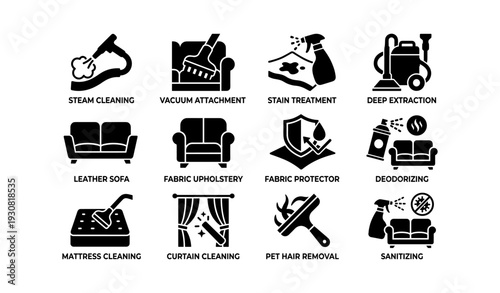 Cleaning icons set: steam, vacuum, stain, sofa, deodorizing