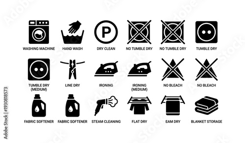 Laundry care icons for washing drying and ironing instructions