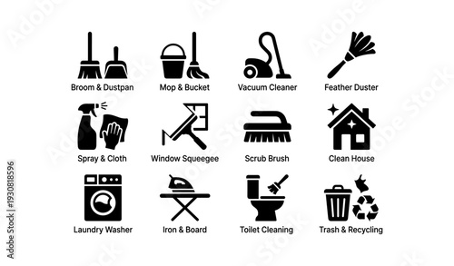 Cleaning tools icons: broom, mop, vacuum, duster, spray, window, brush, laundry
