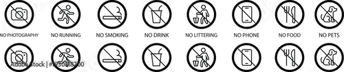 Restriction icons set no photography, no running, no smoking, no drink, no littering, no phone, no food, no pets vector signs for public places, safety symbol collection group