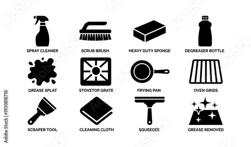 Kitchen cleaning tools: spray, brush, sponge, degreaser, splat, grate, frying pan, grids