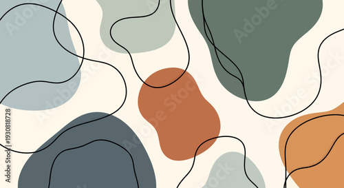 Abstract colorful shapes with wavy lines on white background.