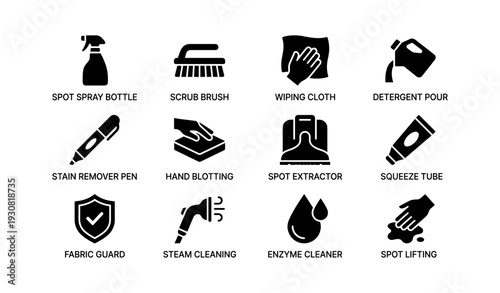 Cleaning tools and techniques icons: spray, brush, cloth, detergent, stain remover